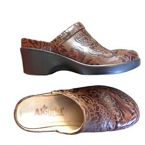 Alegria Isabelle Tooled Brown Heeled Mule Womens 36 6-6.5 Comfort Cozy Normcore